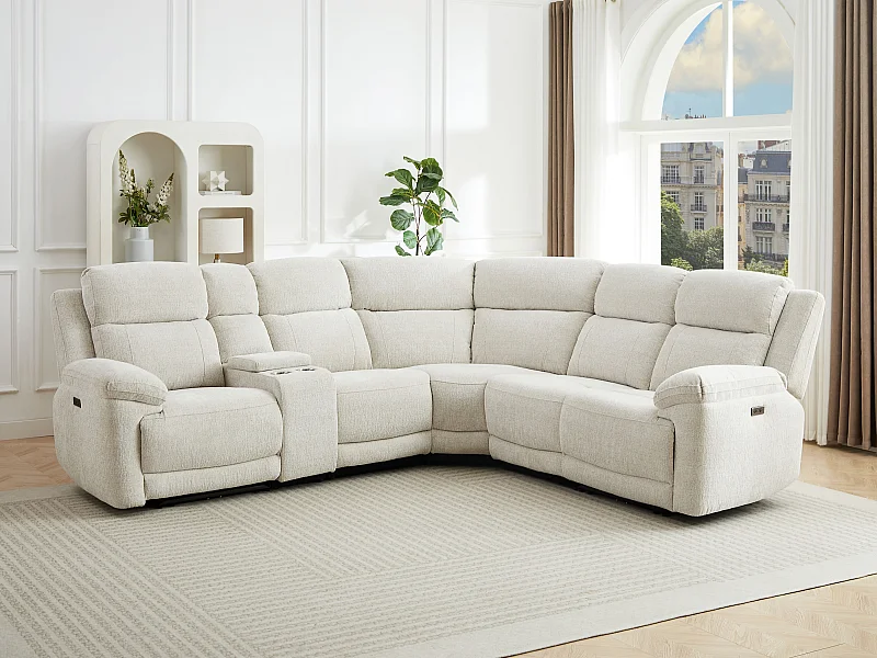 Canapé d'angle relax électrique avec tablette en tissu chiné beige KELUNO