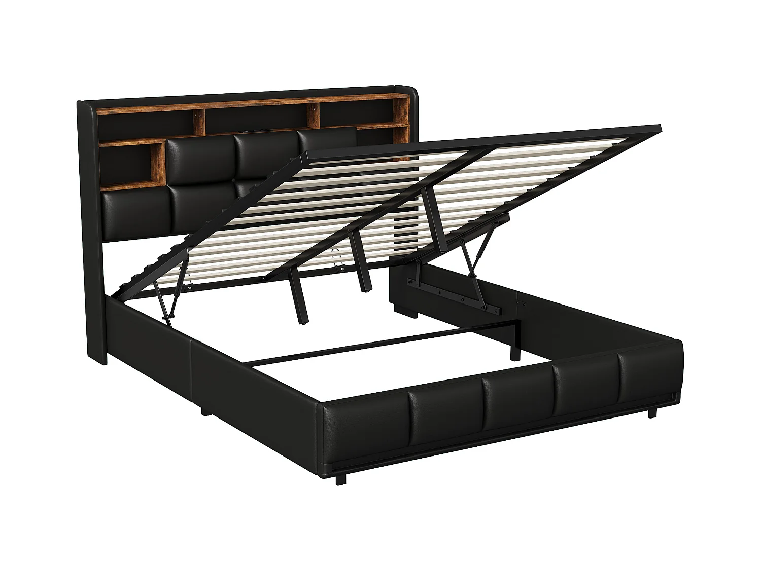 Cama tapizada de 140 x 200 cm con tomas USB y de red, cama infantil con somier y canapé, canapé con LED, polipiel, color negro