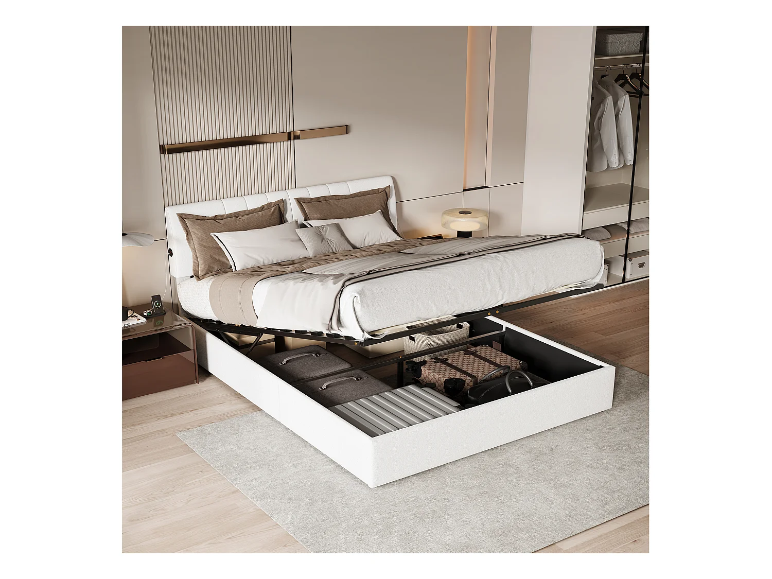 Hochklappbares Bett mit Stauraum, verstellbarem Kopfteil, USB-C- und USB-Anschlüssen, integriertem Stauraum – 140×190 cm – Cremeweißer Teddystoff