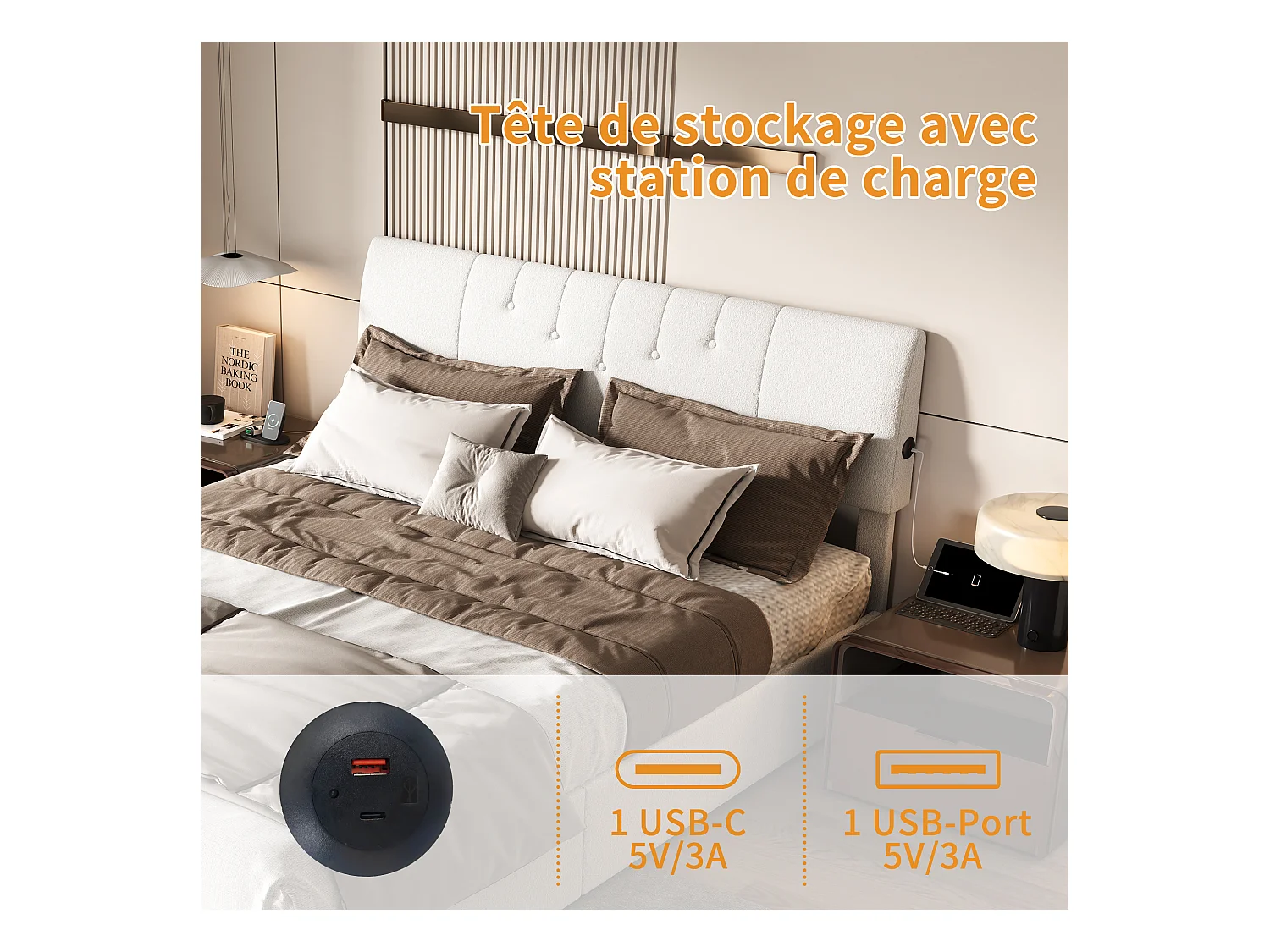 Hochklappbares Bett mit Stauraum, verstellbarem Kopfteil, USB-C- und USB-Anschlüssen, integriertem Stauraum – 140×190 cm – Cremeweißer Teddystoff