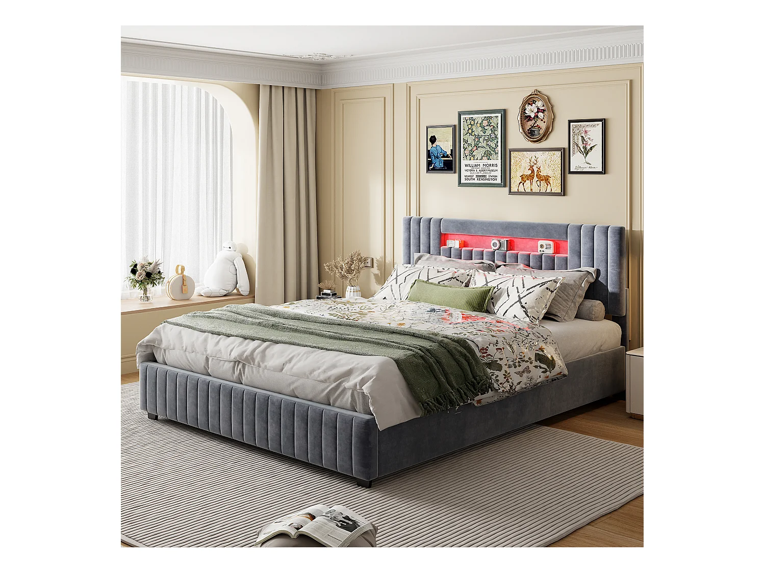 Cama de arrumação com elevadores hidráulicos em veludo cinzento, cabeceira LED multicolorida controlada por controlo remoto e aplicação – 140x200 cm