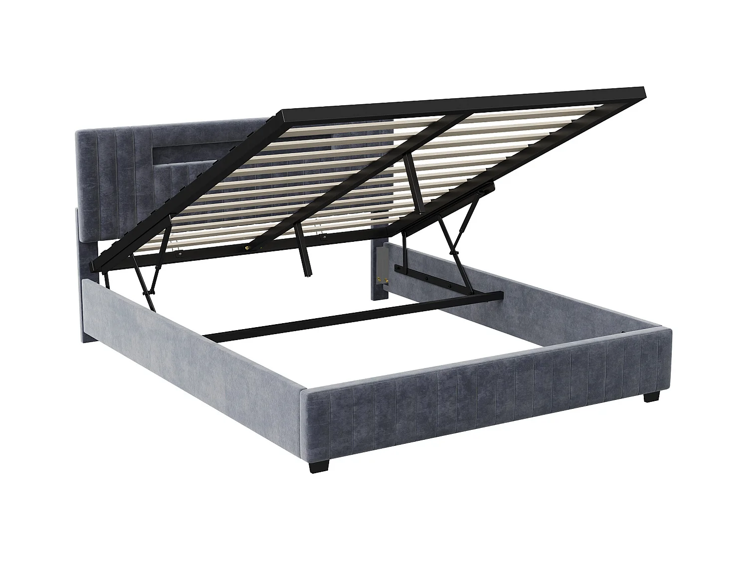 Cama de arrumação com elevadores hidráulicos em veludo cinzento, cabeceira LED multicolorida controlada por controlo remoto e aplicação – 140x200 cm