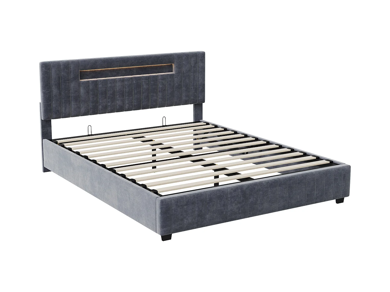 Cama de arrumação com elevadores hidráulicos em veludo cinzento, cabeceira LED multicolorida controlada por controlo remoto e aplicação – 140x200 cm