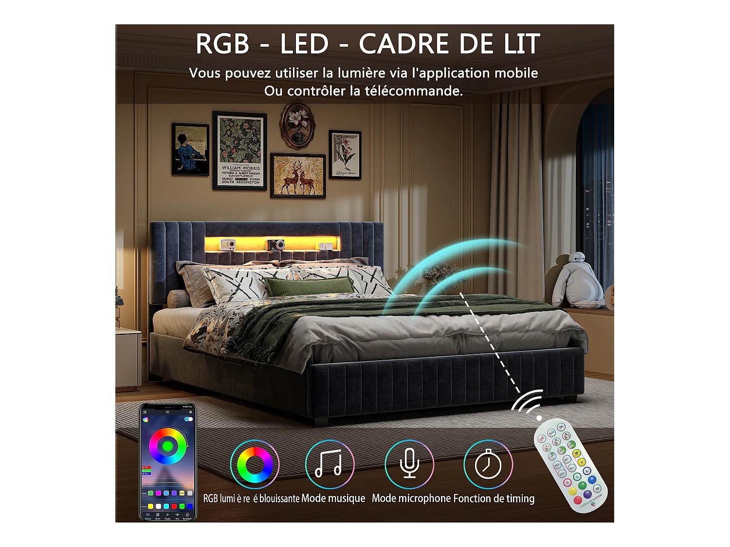 Cama de arrumação com elevadores hidráulicos em veludo cinzento, cabeceira LED multicolorida controlada por controlo remoto e aplicação – 140x200 cm