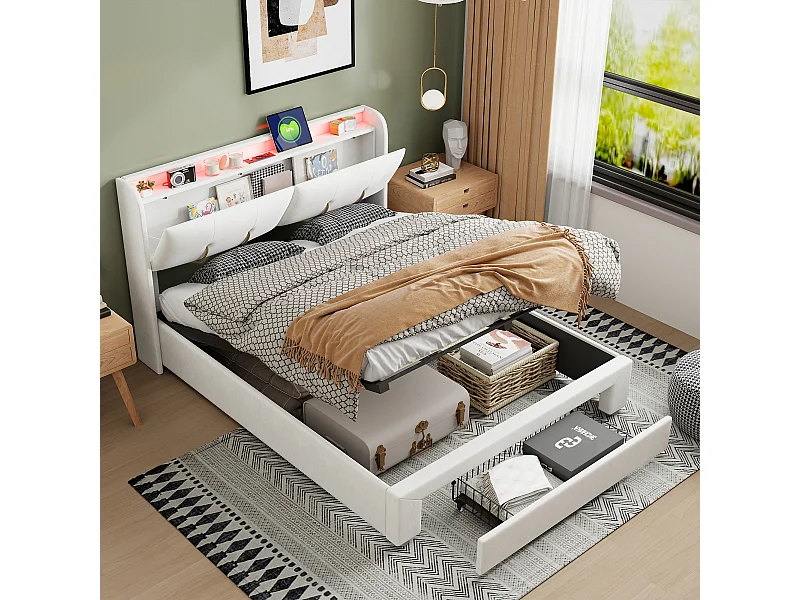 Lit coffre 140x200, lit double capitonné, tête de lit avec rangement caché,  velours, blanc