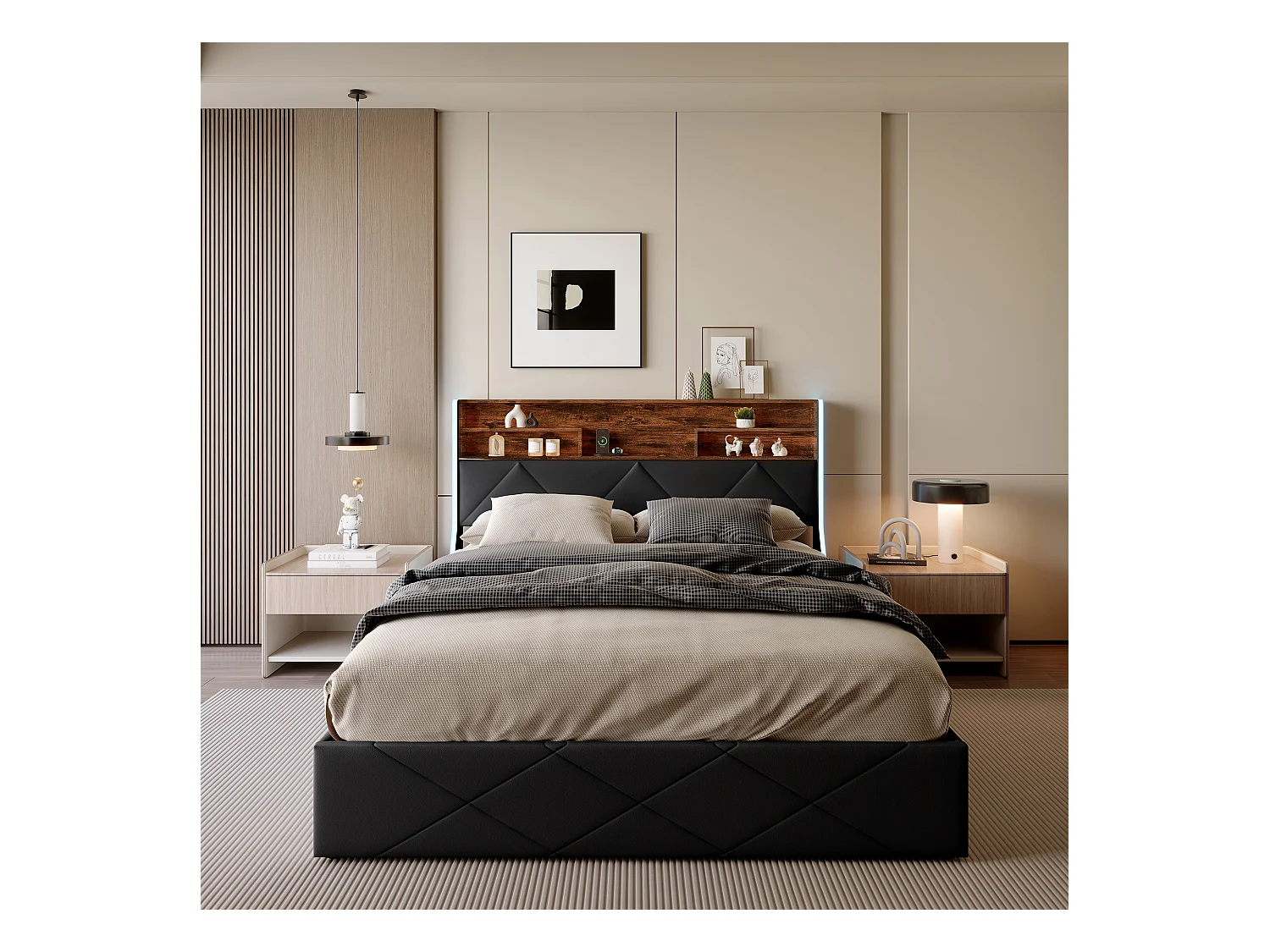 160 x 200 cm Bett mit Stauraum und Kopfteil mit Stauraum, USB-/Typ-C-Anschluss und RGB-LED-Beleuchtung – Schwarzes PU & helle Eiche