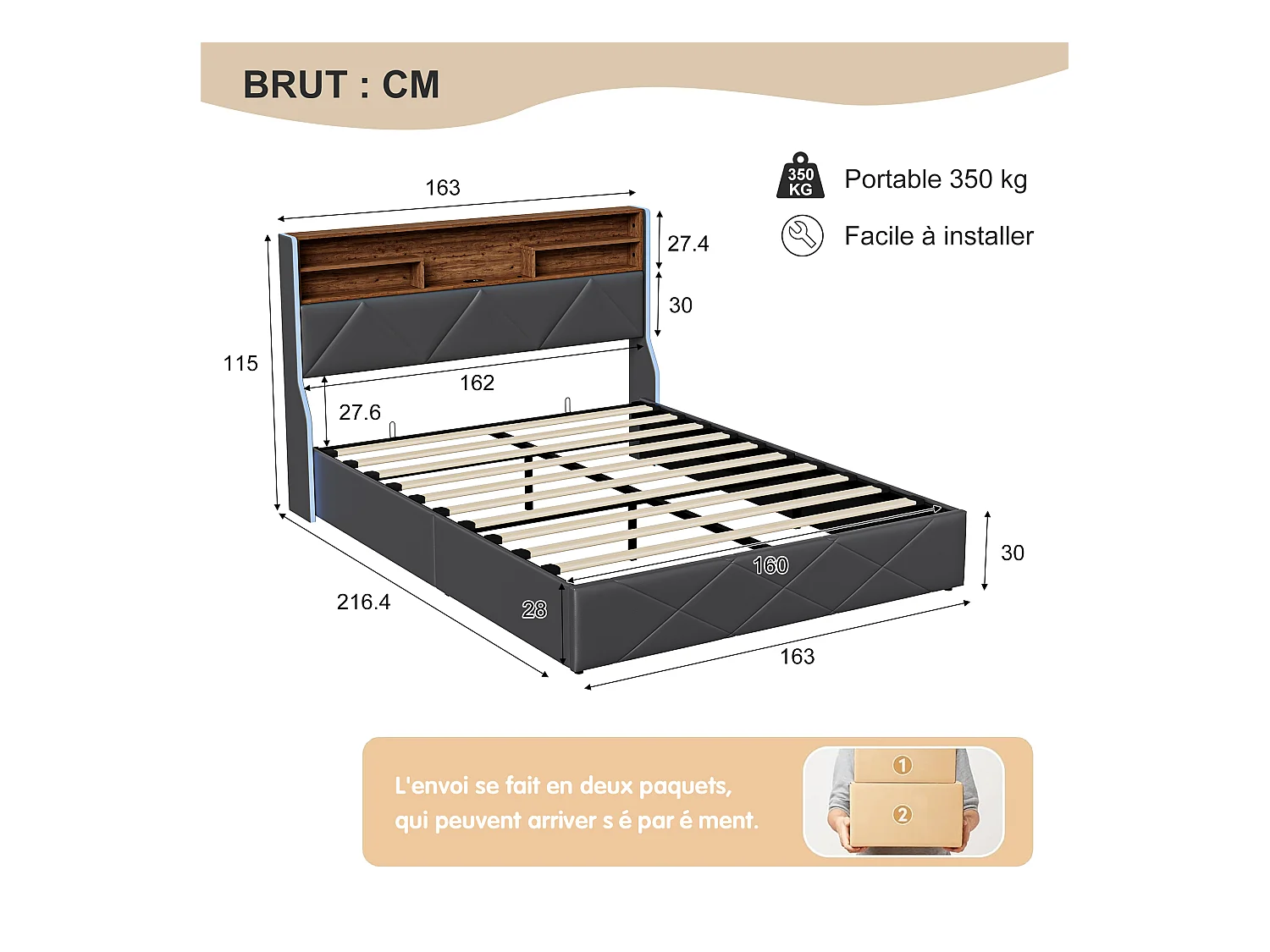 160 x 200 cm Bett mit Stauraum und Kopfteil mit Stauraum, USB-/Typ-C-Anschluss und RGB-LED-Beleuchtung – Schwarzes PU & helle Eiche