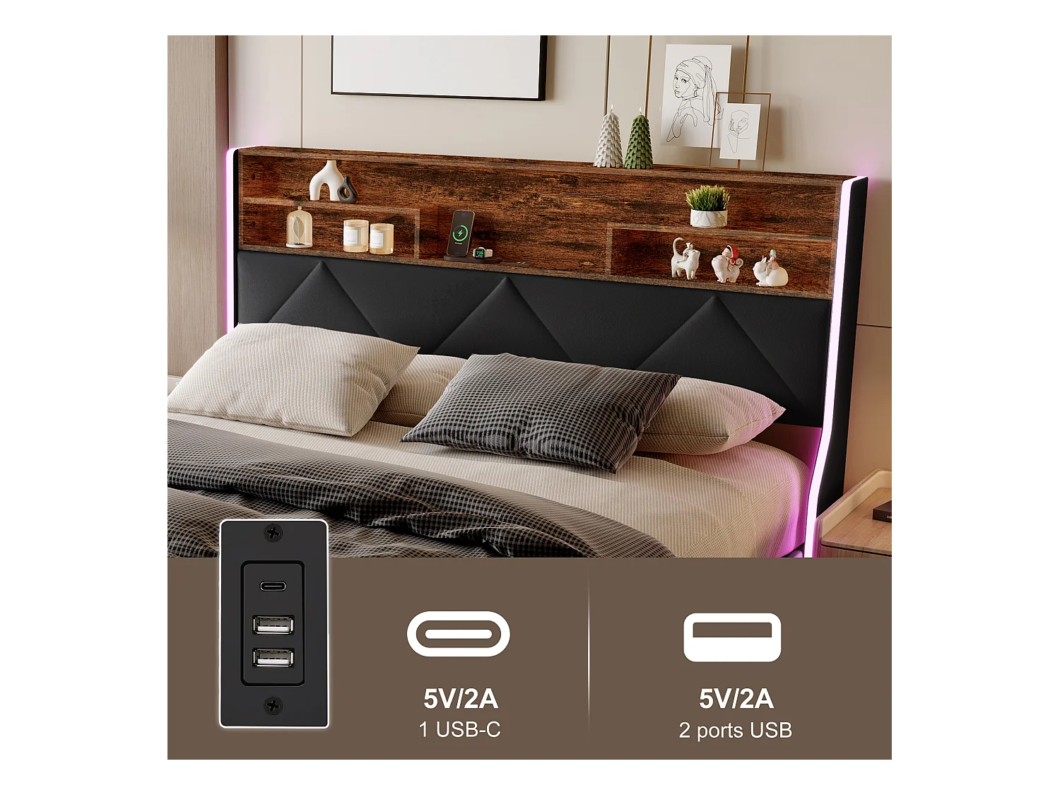 160 x 200 cm Bett mit Stauraum und Kopfteil mit Stauraum, USB-/Typ-C-Anschluss und RGB-LED-Beleuchtung – Schwarzes PU & helle Eiche