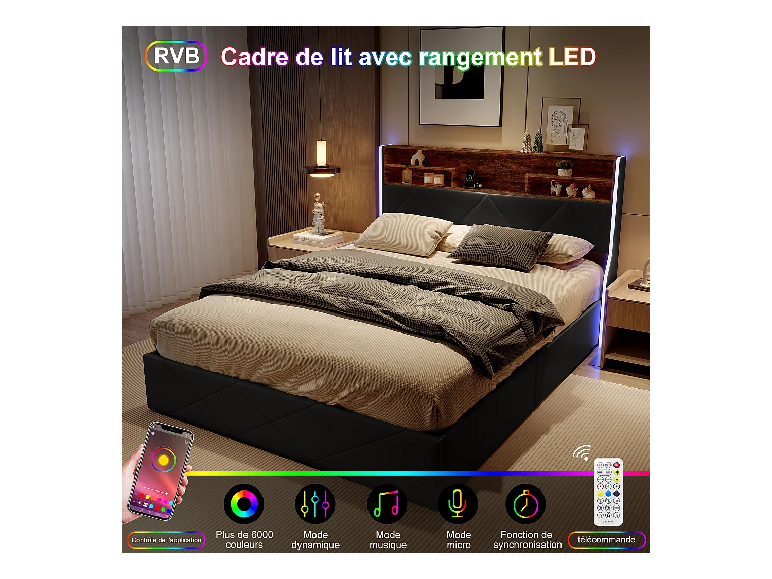 160 x 200 cm Bett mit Stauraum und Kopfteil mit Stauraum, USB-/Typ-C-Anschluss und RGB-LED-Beleuchtung – Schwarzes PU & helle Eiche