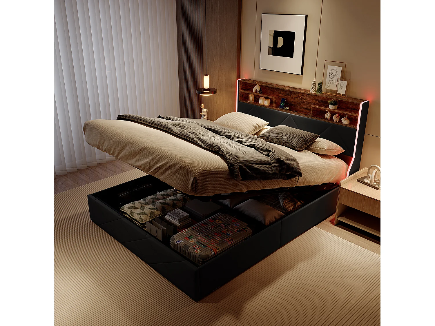Cama de arrumação 160x200 cm com cabeceira de arrumação, porta USB/Tipo C e iluminação LED RGB – PU preto e carvalho claro