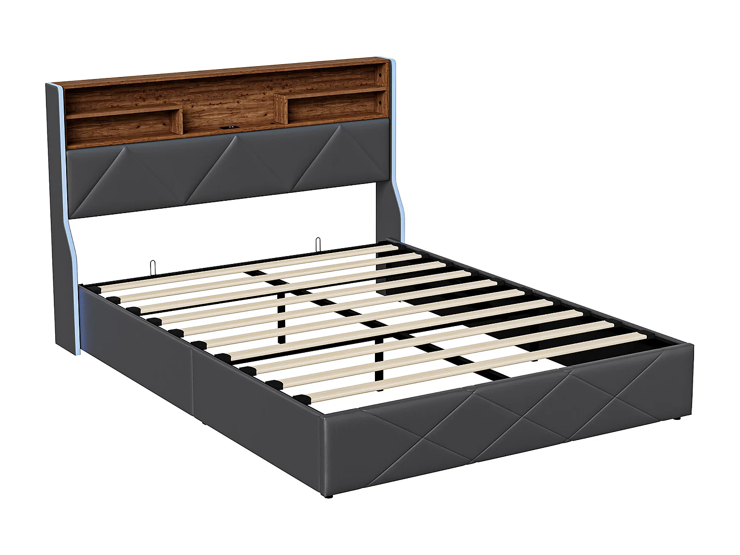 Lit coffre 160x200 cm avec tête de lit rangement, port USB/Type-C et éclairage LED RVB – PU Noir & chêne clair