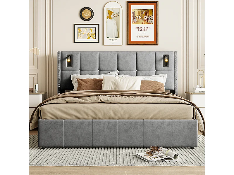 Cama con almacenaje de 160x200 cm en terciopelo gris con tachuelas decorativas y lámparas de lectura LED – Cabecero de diseño y almacenaje integrado