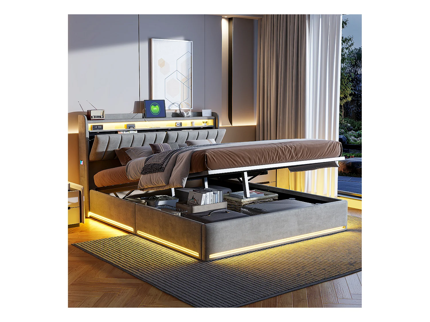 Cama estofada 140 x 200 cm com carregamento USB, cama de casal para jovens, cama com arrumação com LED e cabeceira com arrumação, estrado de ripas hidráulico.