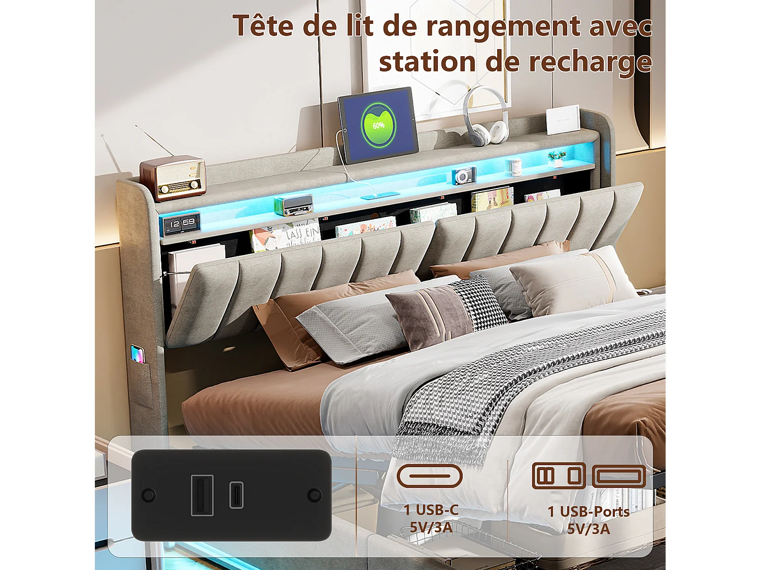 Gestoffeerd tweepersoonsopbergbed 140x200cm (voor jongeren): USB-oplaadfunctie, LED-verlichting, hoofdbord met opbergruimte, hydraulische lattenbodem