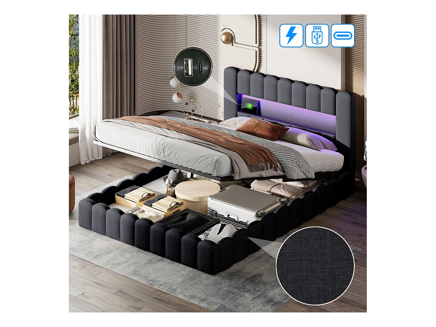 Letto contenitore di design in tessuto grigio antracite, stile tronco d'albero, con martinetti idraulici, testiera LED RGB e porte USB/Type-C - 180x200 cm