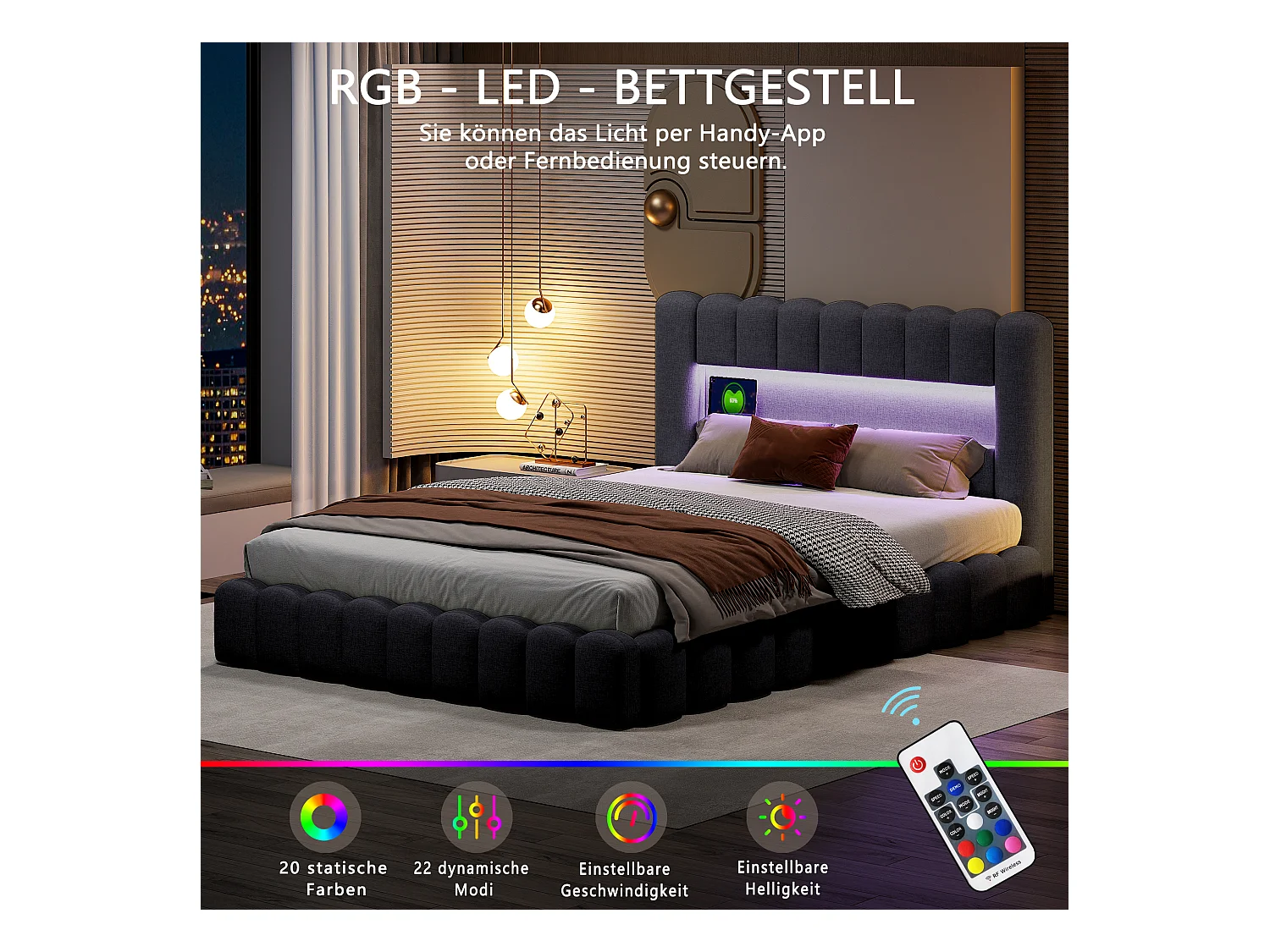 Letto contenitore di design in tessuto grigio antracite, stile tronco d'albero, con martinetti idraulici, testiera LED RGB e porte USB/Type-C - 180x200 cm