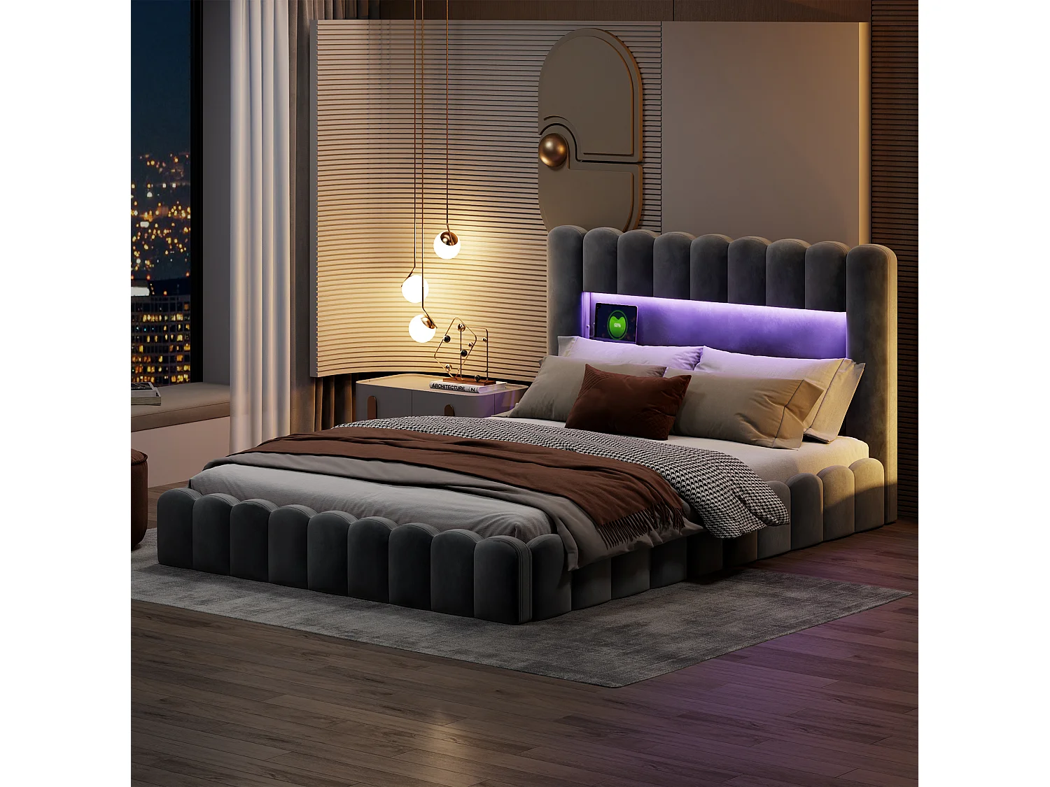 Lysegrå stofseng med opbevaring i træstammestil, hydrauliske løfteanordninger, RGB LED-hovedgærde og USB/Type-C-porte – 180x200 cm