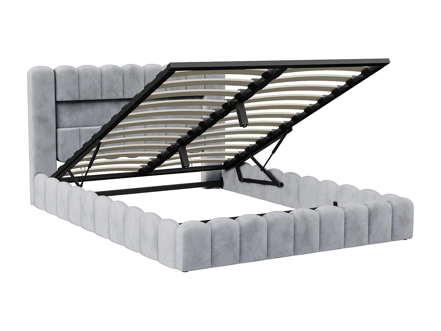 Lysegrå stofseng med opbevaring i træstammestil, hydrauliske løfteanordninger, RGB LED-hovedgærde og USB/Type-C-porte – 180x200 cm