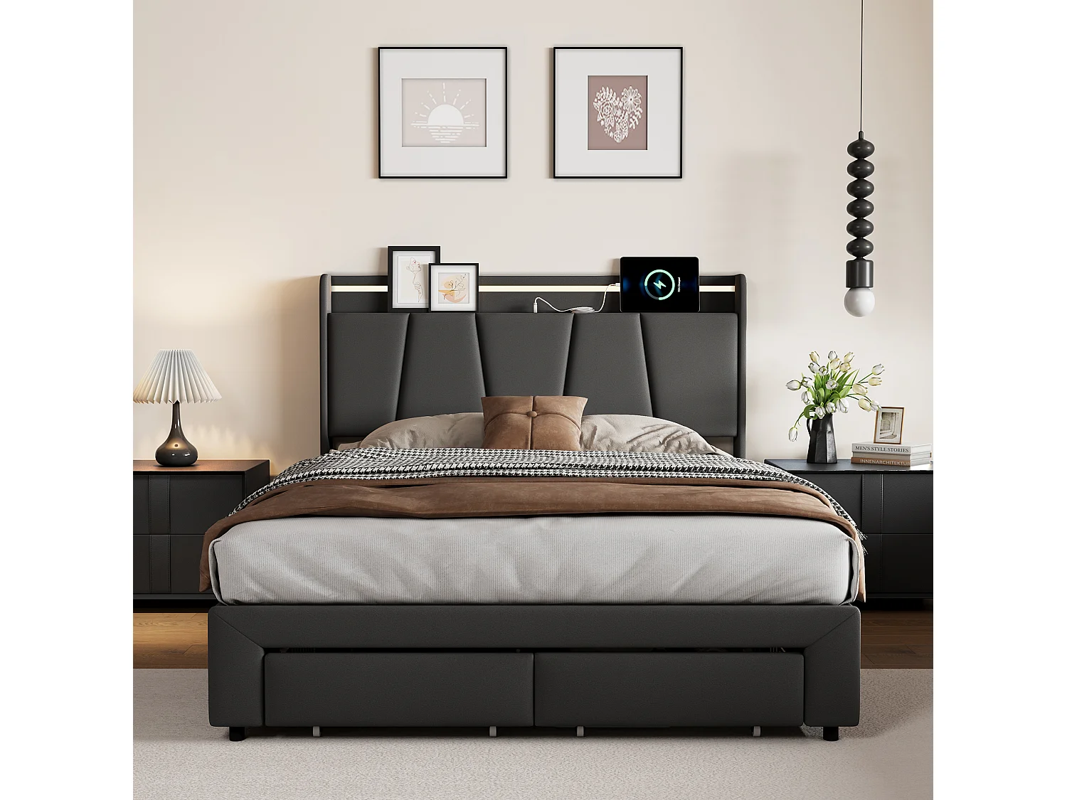 Bett mit Stauraum für Erwachsene mit mehrfarbigen LEDs, Kopfteil mit Stauraum, 2 Schubladen + USB- und Typ-C-Anschlüssen – 140 x 190 cm – Dunkelgrau