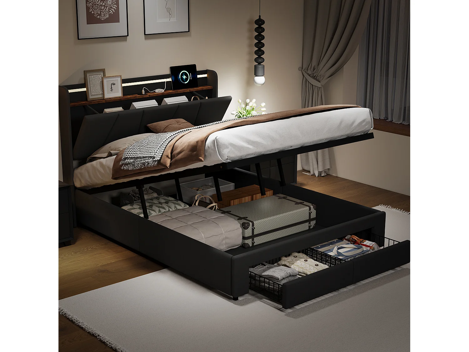 Bett mit Stauraum für Erwachsene mit mehrfarbigen LEDs, Kopfteil mit Stauraum, 2 Schubladen + USB- und Typ-C-Anschlüssen – 140 x 190 cm – Dunkelgrau