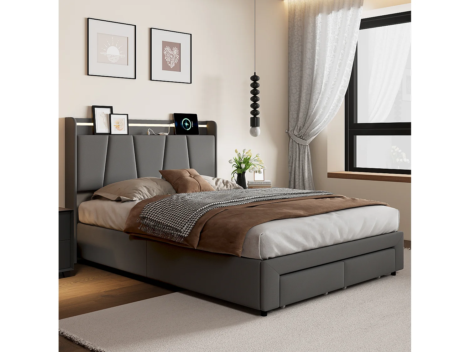 Lit coffre adulte avec LED multicolores, tête de lit avec rangements, 2 tiroirs + ports USB & Type-C – 140x190 cm – Gris foncé