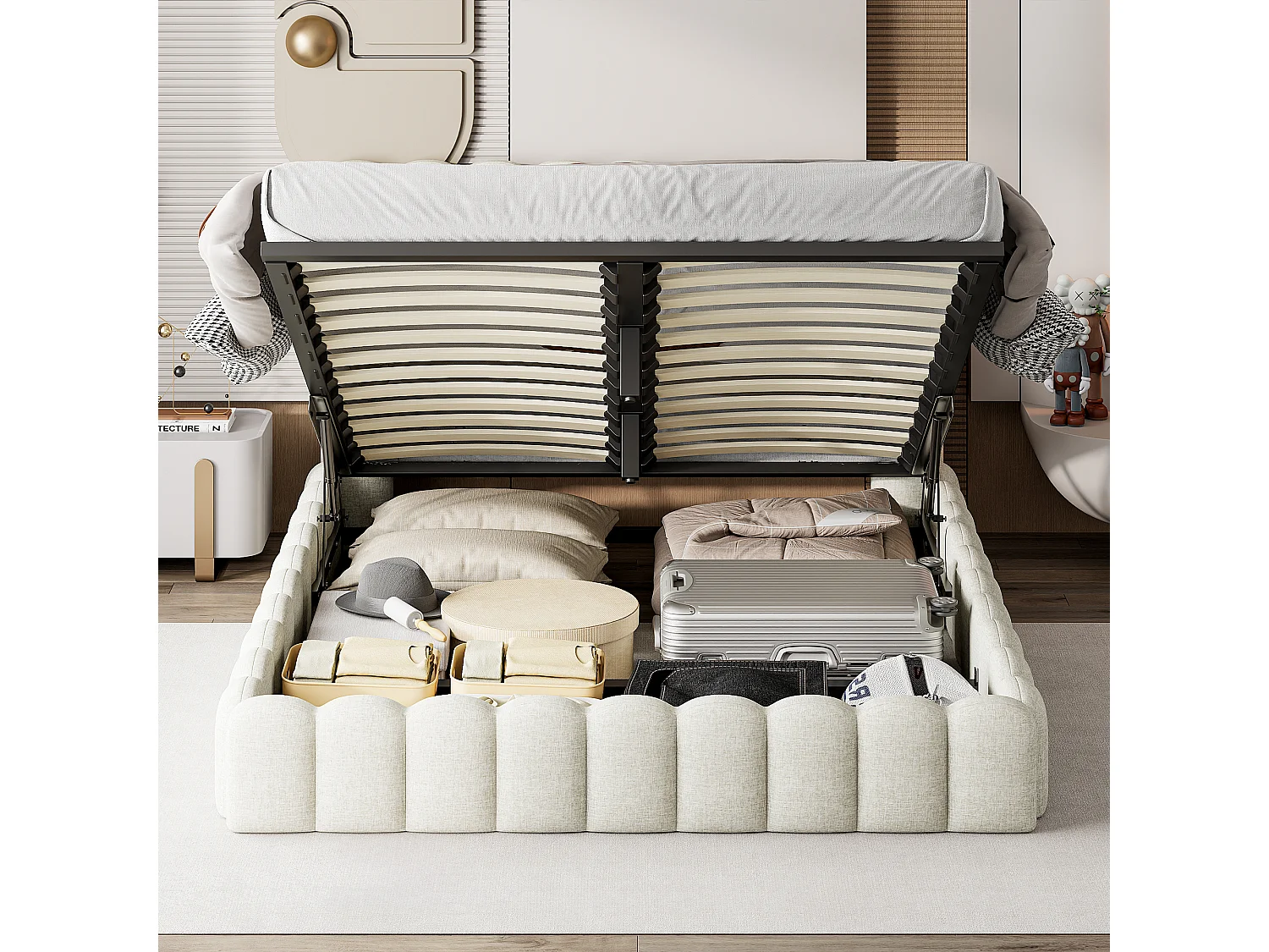 Cama de diseño con almacenaje en tela beige estilo tronco de árbol con gatos hidráulicos, cabecero con LED RGB y puertos USB/Tipo C – 160x200 cm