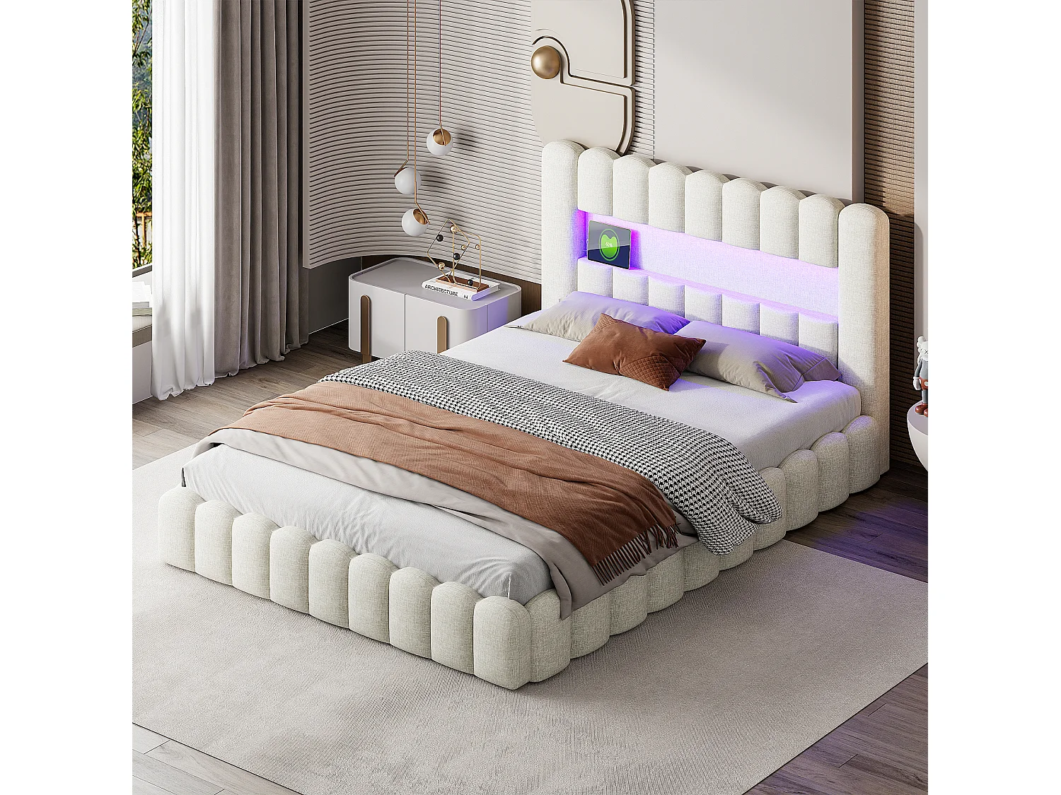 Cama de diseño con almacenaje en tela beige estilo tronco de árbol con gatos hidráulicos, cabecero con LED RGB y puertos USB/Tipo C – 160x200 cm