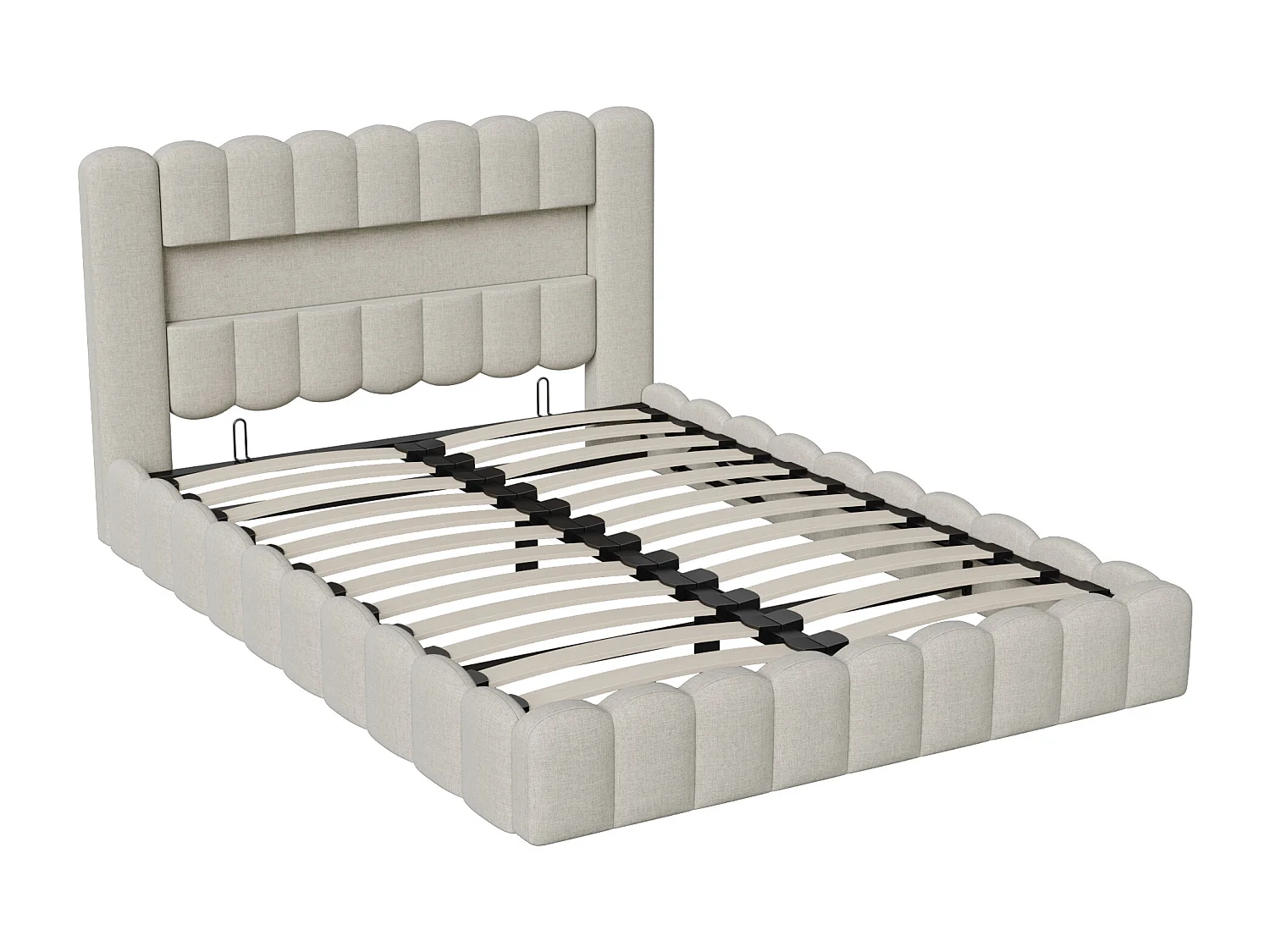 Cama de diseño con almacenaje en tela beige estilo tronco de árbol con gatos hidráulicos, cabecero con LED RGB y puertos USB/Tipo C – 160x200 cm