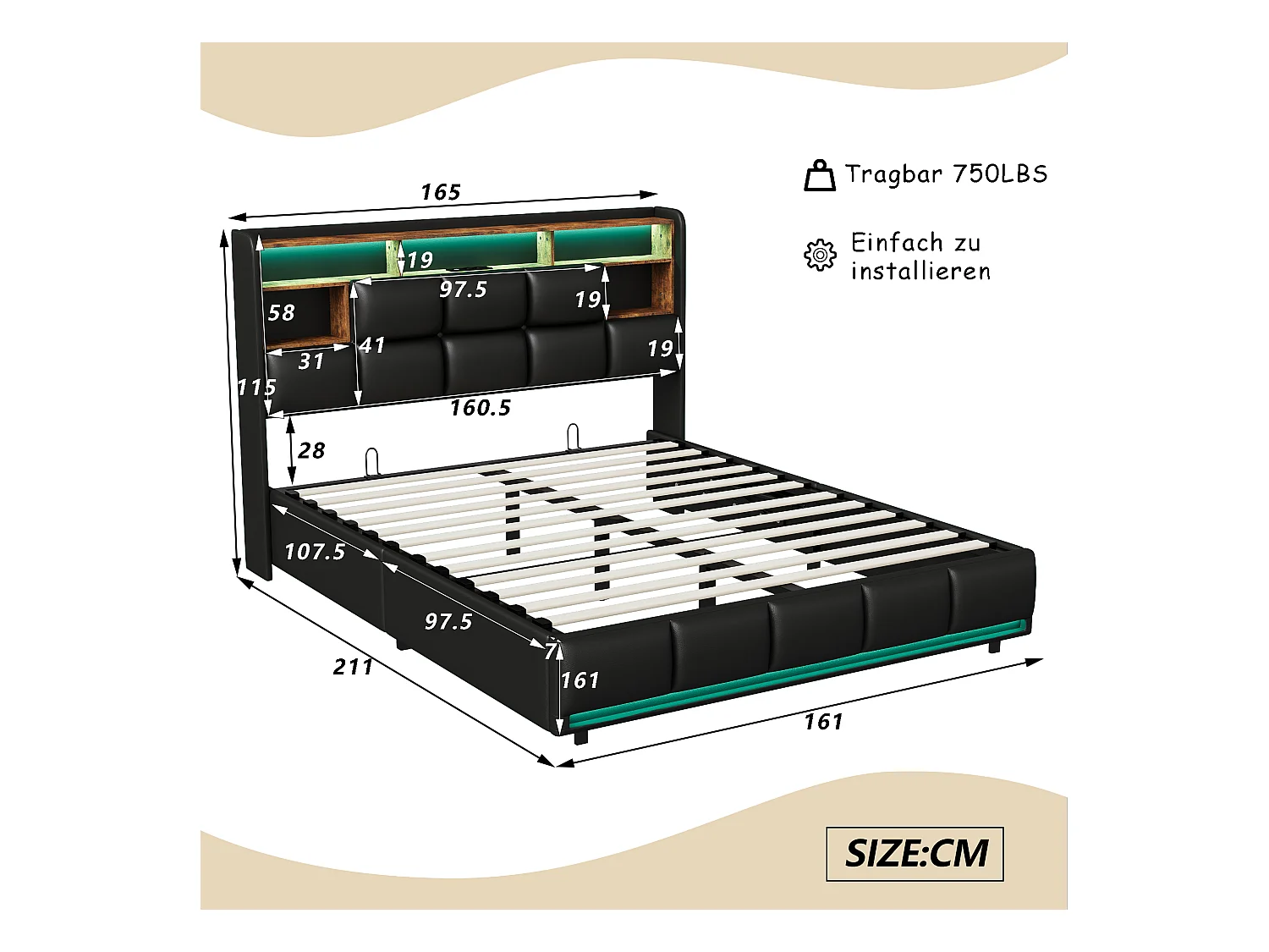 Cama tapizada de 160 x 200 cm con tomas USB y de red, cama infantil con somier y canapé, cama canapé con LED, polipiel, color negro