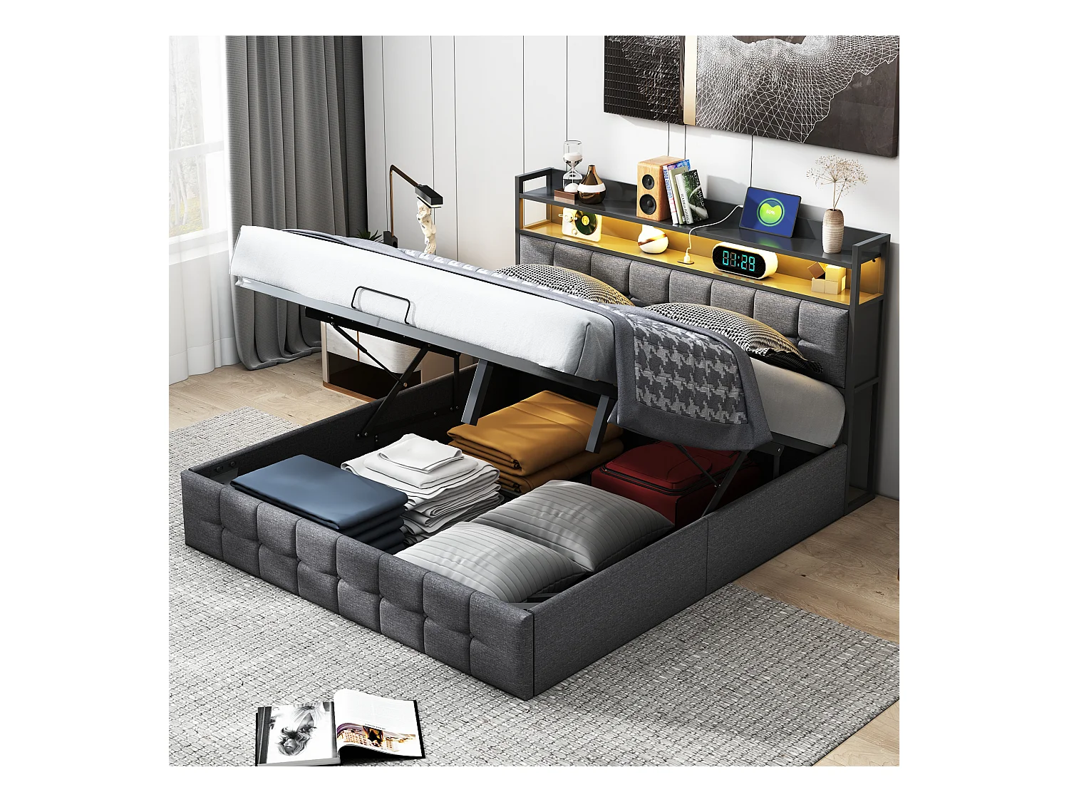 Cama con canapé con iluminación LED RGB, cabecero con estación de carga USB/USB-C, tejido de lino gris, 160x200 cm