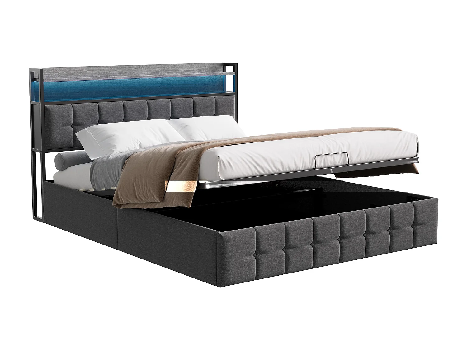 Lit coffre avec éclairage LED RGB, tête de lit avec station de charge USB/USB-C, tissu gris en lin, 160x200 cm