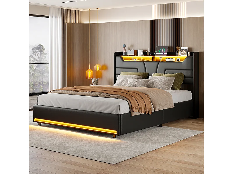 Cama tapizada de 140 x 200 cm con tomas USB y de red, cama infantil con somier y canapé, canapé con LED, polipiel, color negro