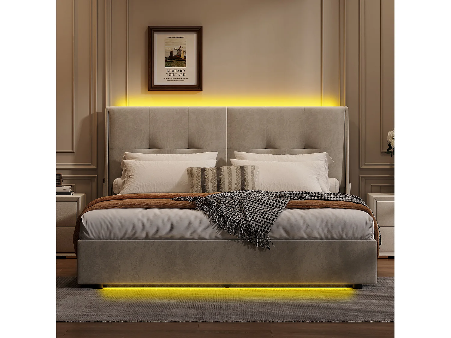 Cama doble con canapé abatible con LED integrados y cabecero de terciopelo con bolsillos laterales – 140x200 cm – Beige