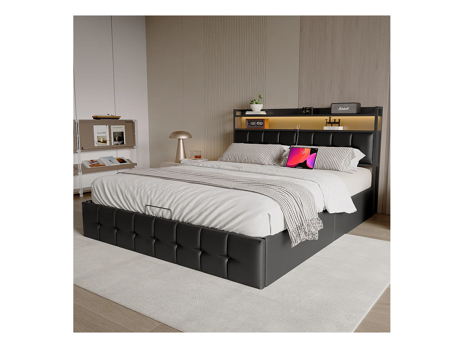 Stauraumbett mit RGB-LED-Beleuchtung, Kopfteil mit USB/USB-C-Ladestation und Stauraum – Schwarzes Kunstleder – 160 x 200 cm