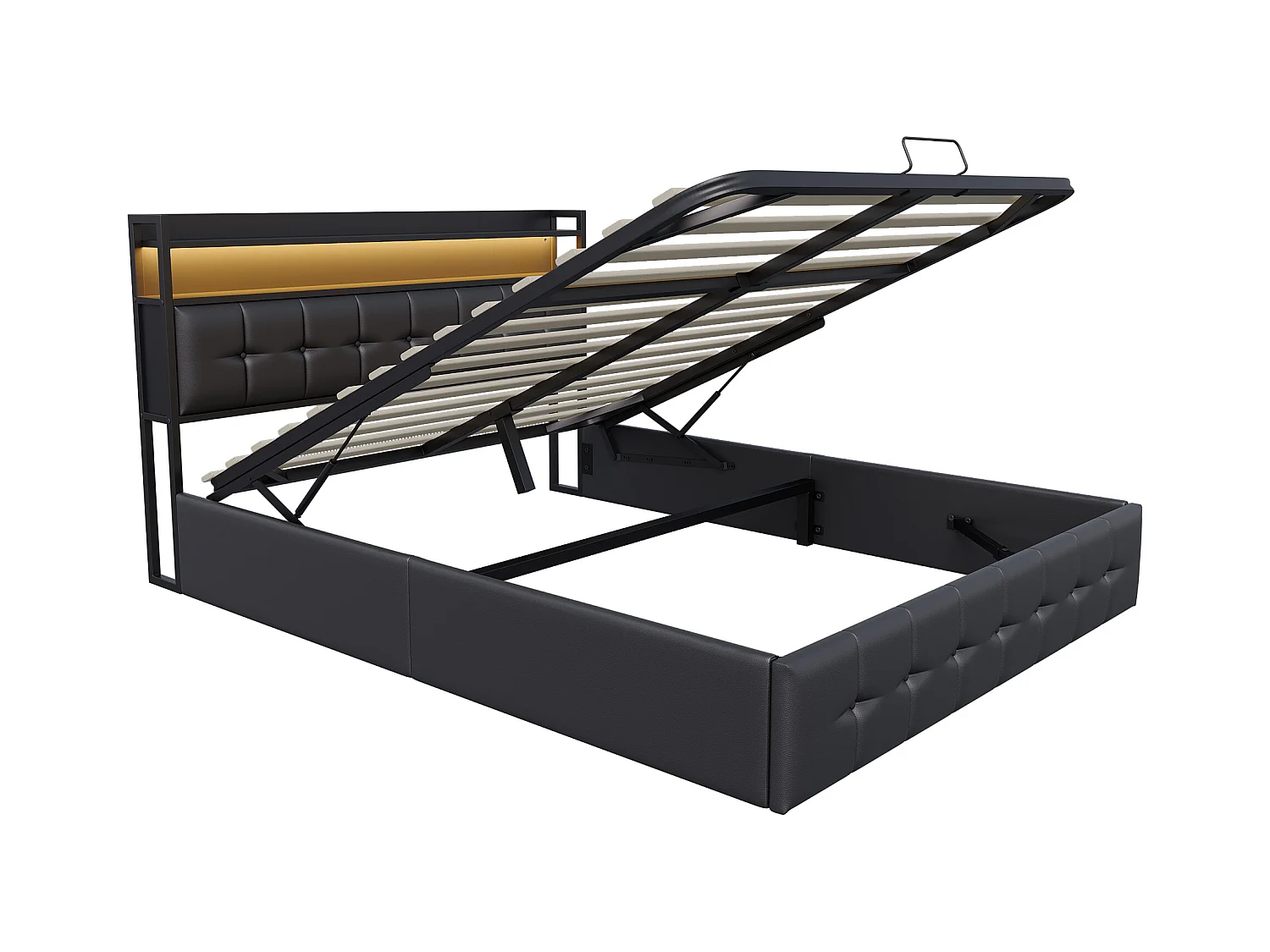 Stauraumbett mit RGB-LED-Beleuchtung, Kopfteil mit USB/USB-C-Ladestation und Stauraum – Schwarzes Kunstleder – 160 x 200 cm