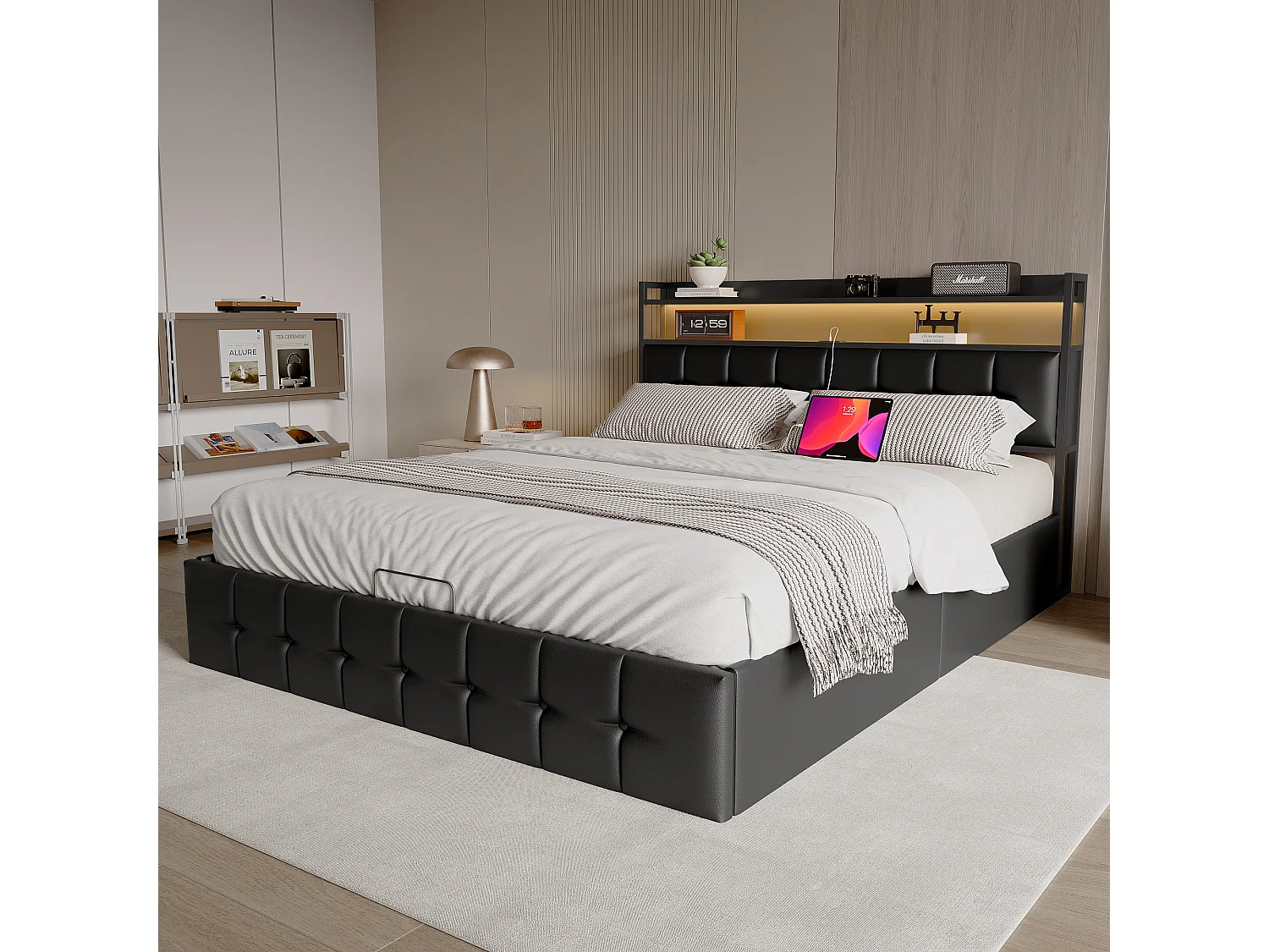 Opbergbed met RGB LED-verlichting, hoofdbord met USB/USB-C-oplaadstation en opbergruimte – Zwart imitatieleer – 160x200 cm