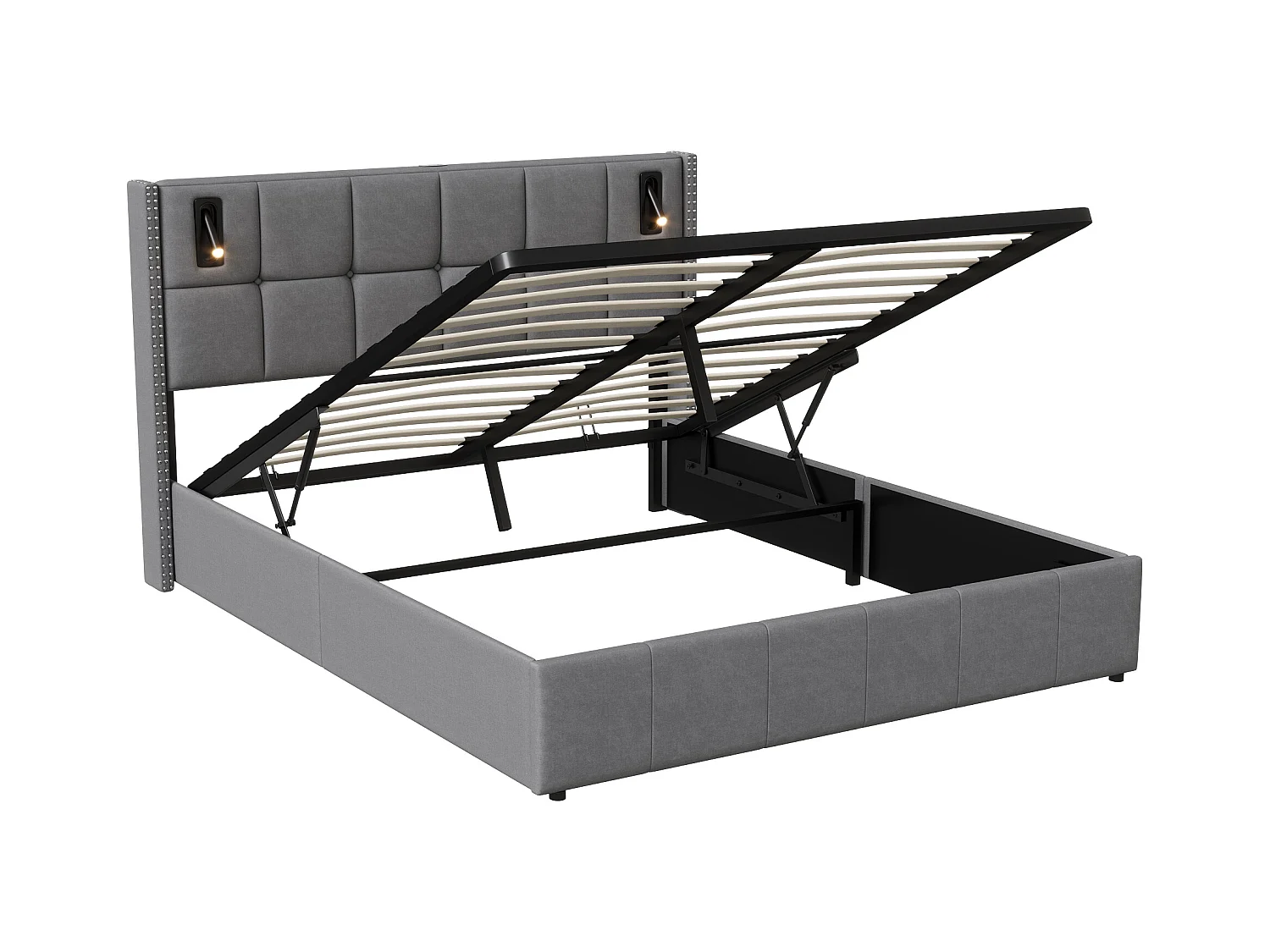 Cama com arrumação 140x200 cm em veludo cinzento com tachas decorativas e candeeiros de leitura LED – Cabeceira de design e arrumação integrada
