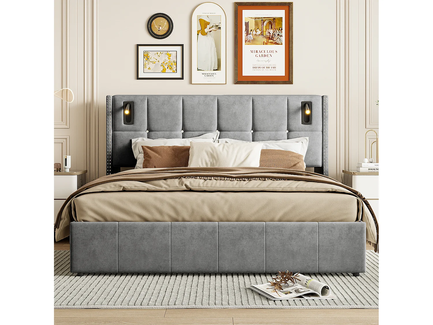 Lit coffre 140x200 cm en velours gris avec clous décoratifs et lampes de lecture LED – Tête de lit design et rangement intégré