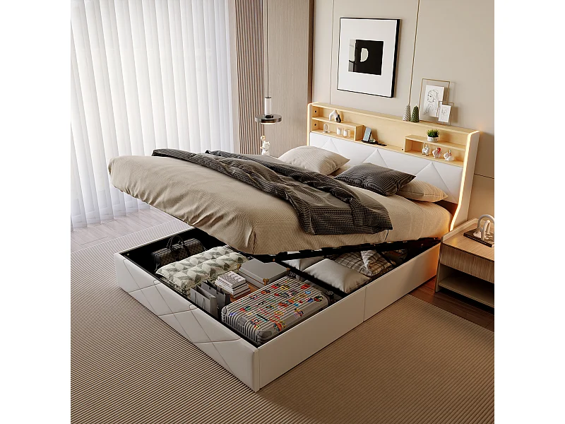 Lit coffre 140x200 cm avec tête de lit rangement, port USB/Type-C et éclairage LED RVB – PU blanc & chêne clair