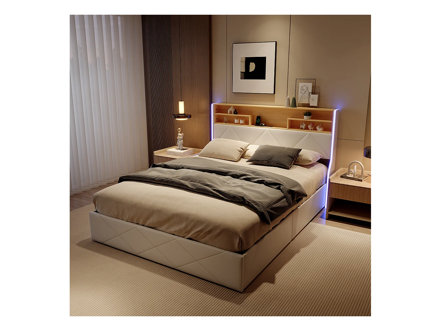 Cama de 140 x 200 cm con cabecero de almacenaje, puerto USB/Tipo C e iluminación LED RGB – PU blanco y roble claro