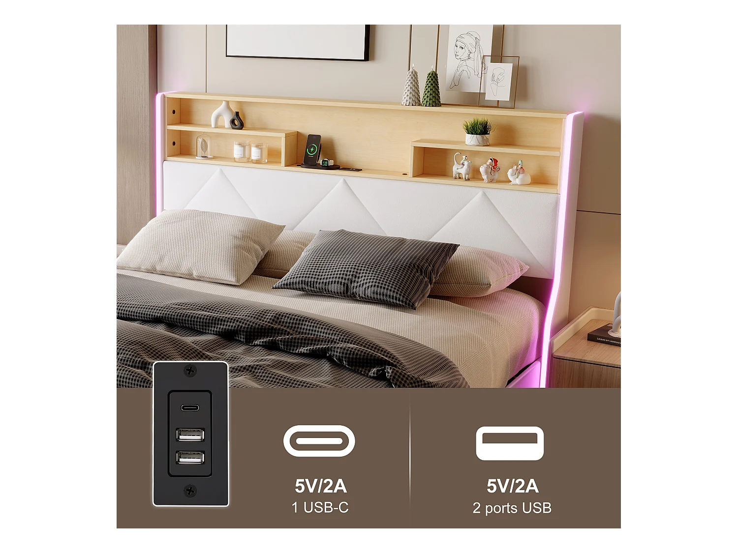 Cama de 140 x 200 cm con cabecero de almacenaje, puerto USB/Tipo C e iluminación LED RGB – PU blanco y roble claro
