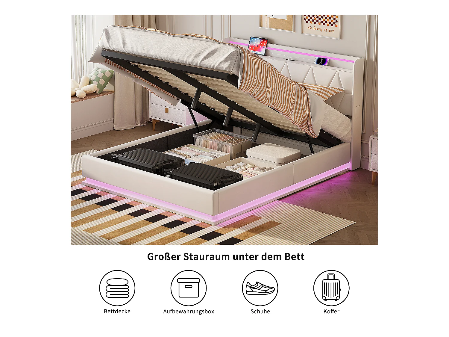 Modernes Doppelbett 140x200 cm mit weißem Samt-gepolstertem Kopfteil, LED-Beleuchtung, USB-Anschluss und Aufbewahrungsbox mit hydraulischen Hebern