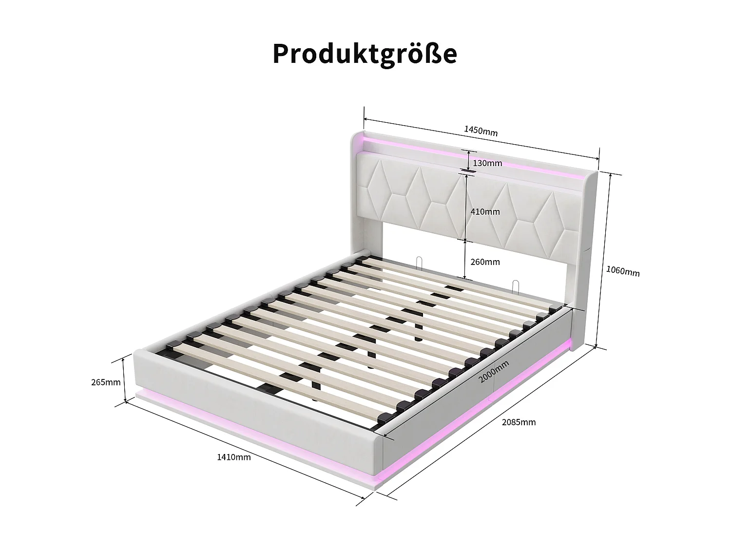Lit double moderne 140x200 cm avec tête de lit rembourrée en velours blanc, éclairage LED, port USB et coffre de rangement avec vérins hydrauliques
