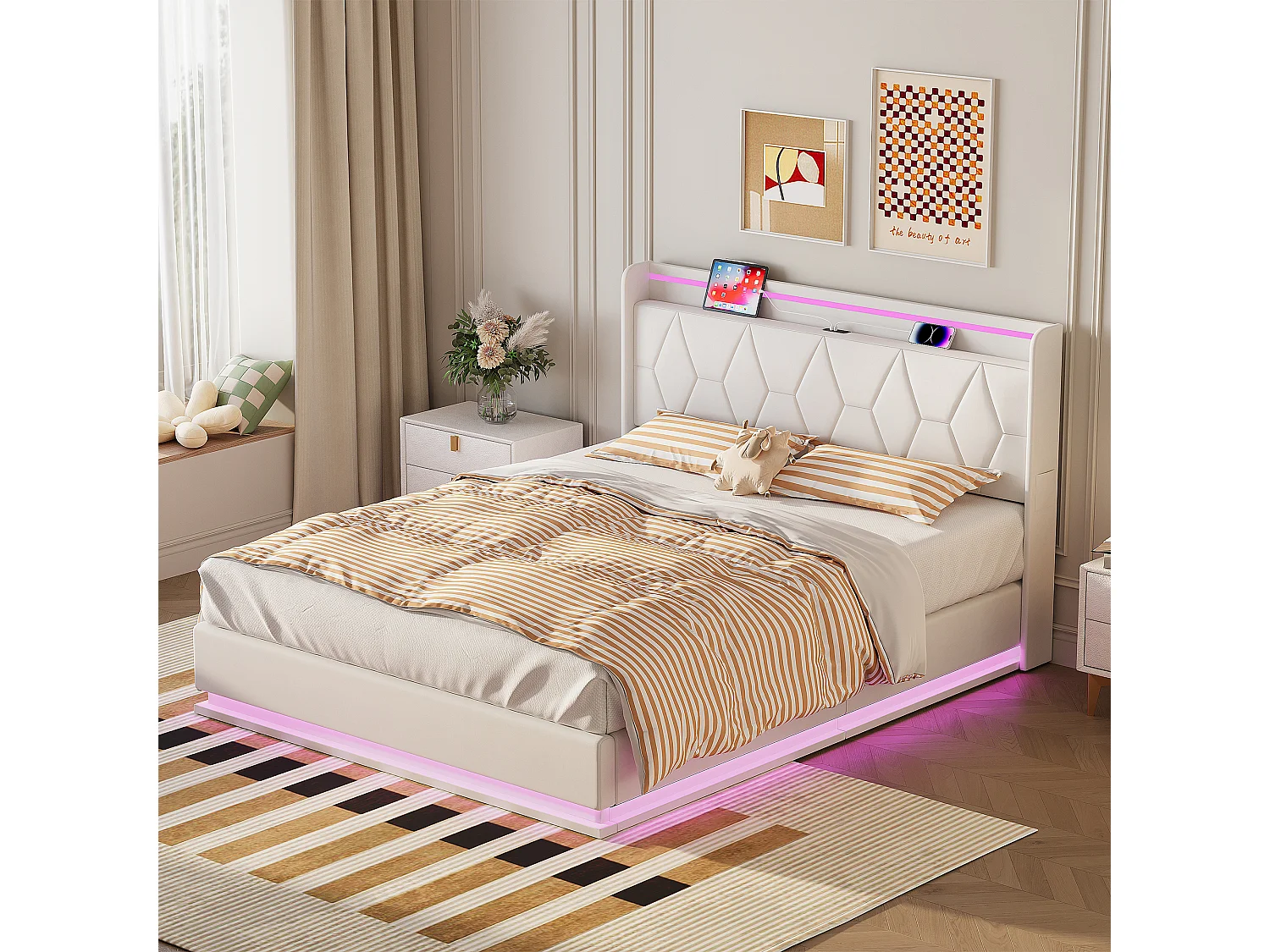 Lit double moderne 140x200 cm avec tête de lit rembourrée en velours blanc, éclairage LED, port USB et coffre de rangement avec vérins hydrauliques
