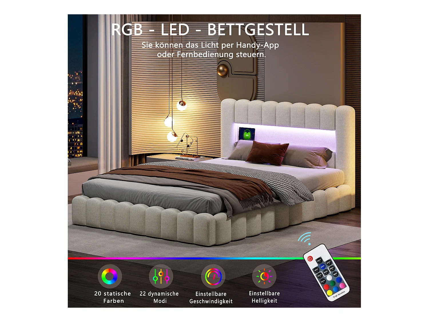 Lit coffre design en tissu beige style tronc d’arbre avec vérins hydrauliques, tête de lit LED RGB et ports USB/Type-C – 140x200 cm