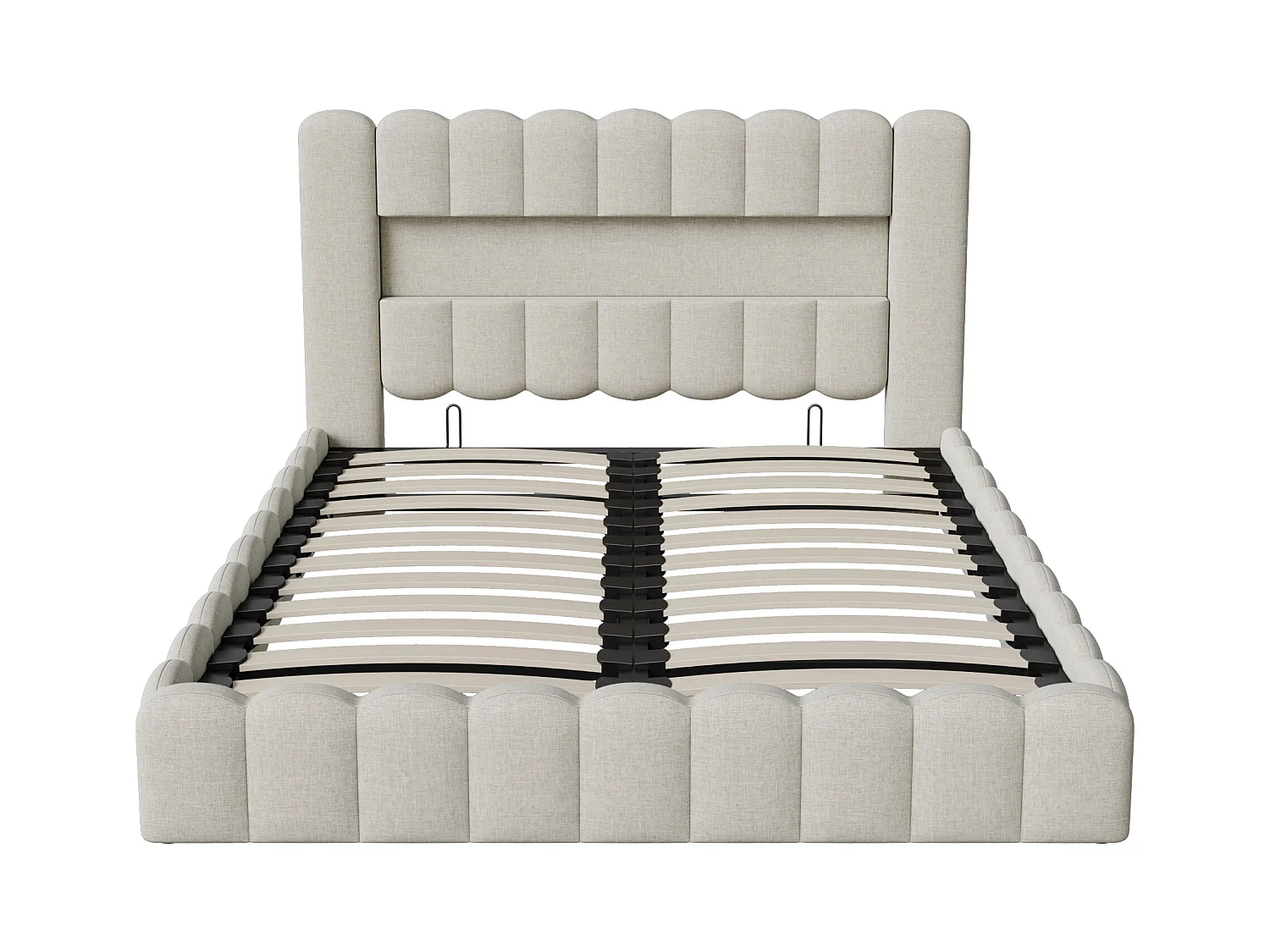 Lit coffre design en tissu beige style tronc d’arbre avec vérins hydrauliques, tête de lit LED RGB et ports USB/Type-C – 140x200 cm