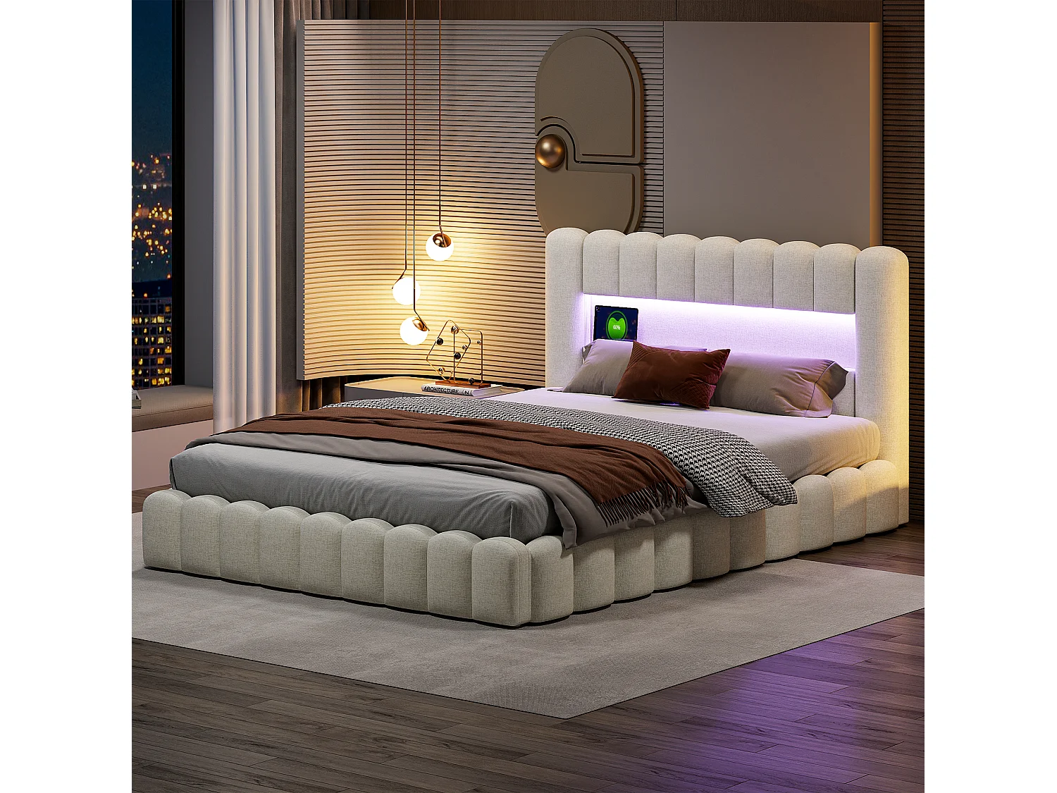 Lit coffre design en tissu beige style tronc d’arbre avec vérins hydrauliques, tête de lit LED RGB et ports USB/Type-C – 140x200 cm