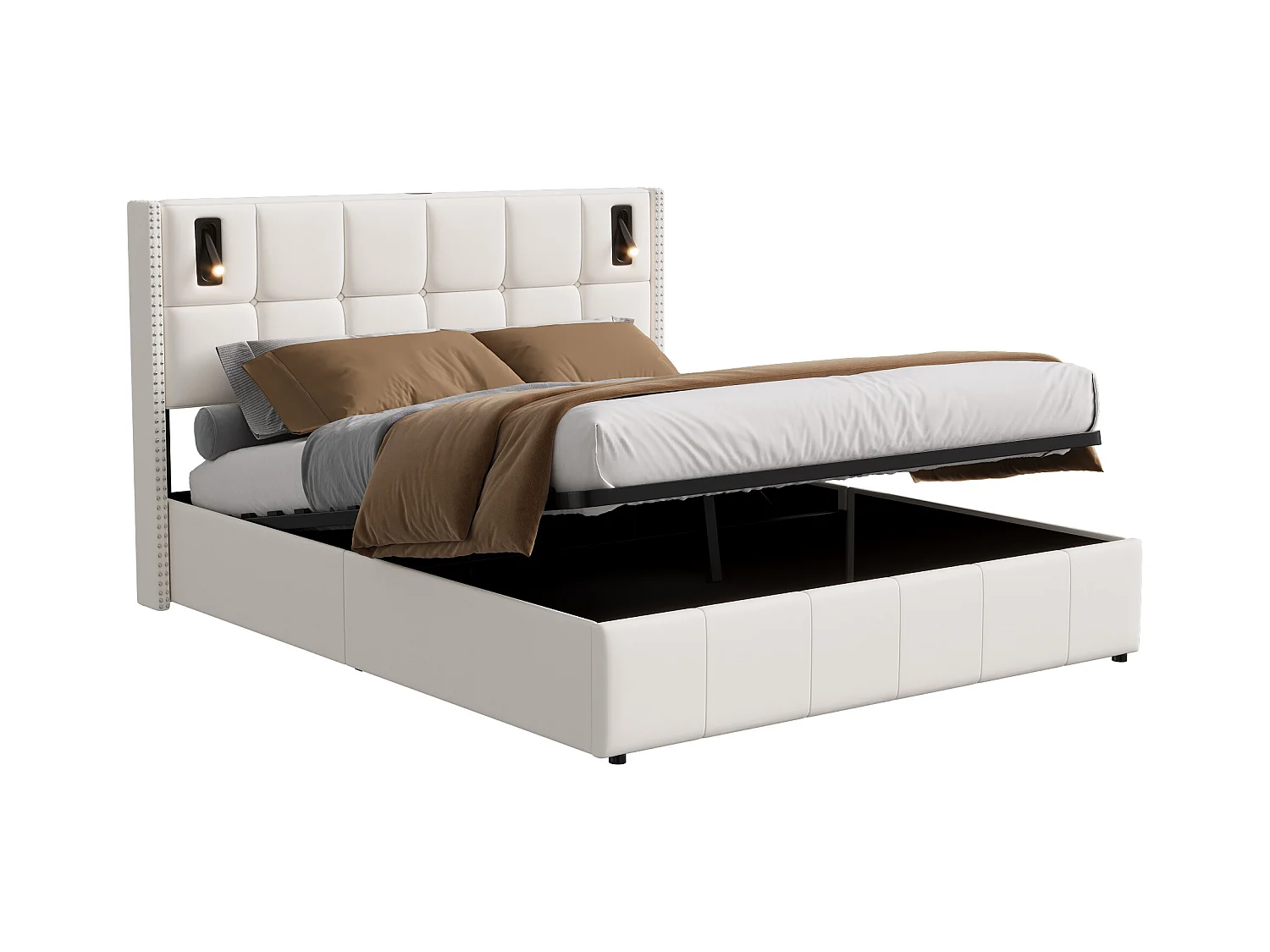 Cama com arrumação 140x200 cm em veludo bege com tachas decorativas e candeeiros de leitura LED – Cabeceira de design e arrumação integrada