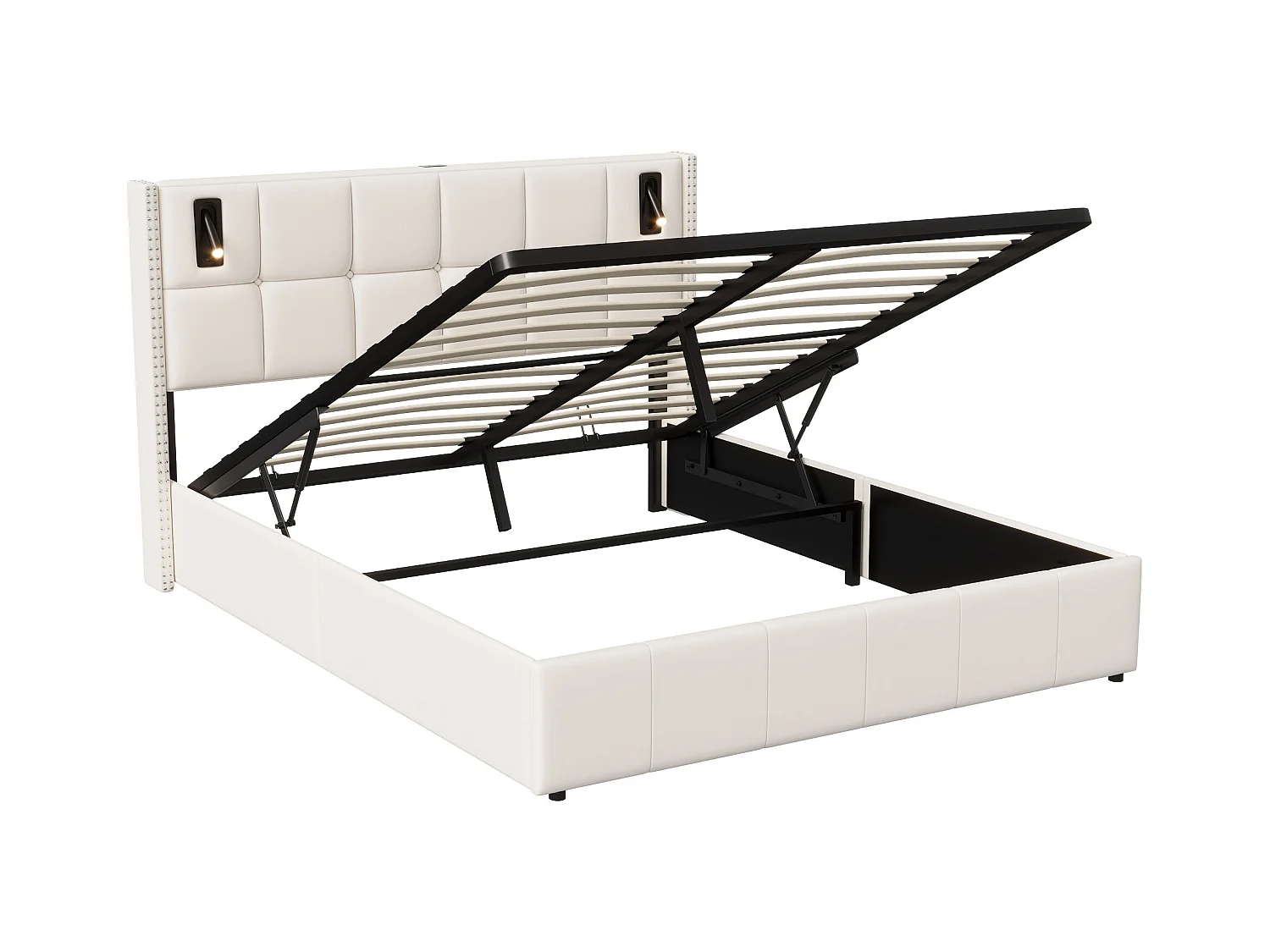 Cama com arrumação 140x200 cm em veludo bege com tachas decorativas e candeeiros de leitura LED – Cabeceira de design e arrumação integrada