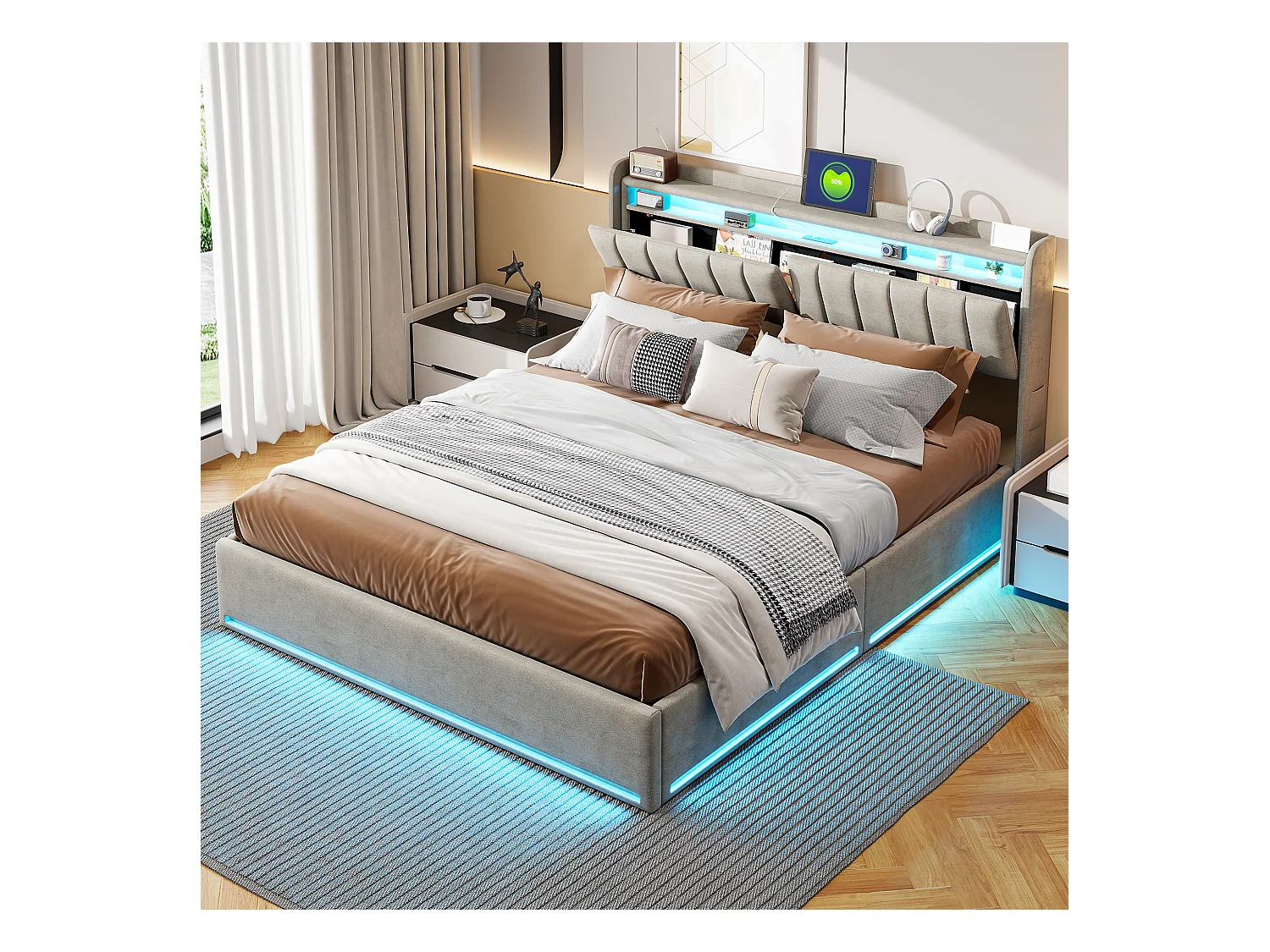Cama estofada 160 x 200 cm com carregamento USB, cama de casal para jovens, cama com arrumação com LED e cabeceira com arrumação, estrado de ripas hidráulico.